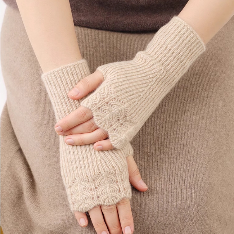 女童100%纯羊毛针织半指手套纯色花边露指护腕学生写字无指手套