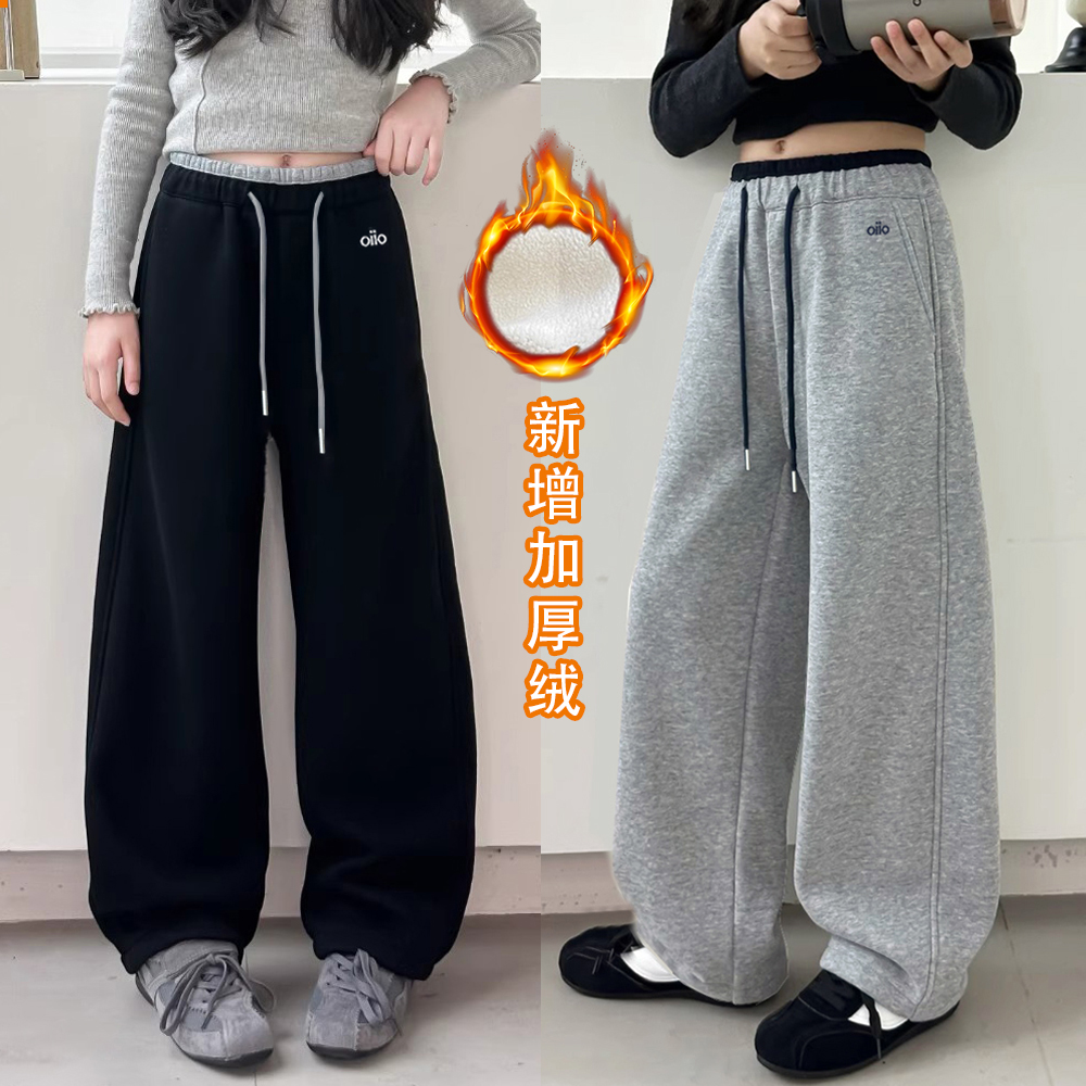 男女童裤子2025秋冬拼色腰休闲卫裤一体绒童装直筒长裤D38