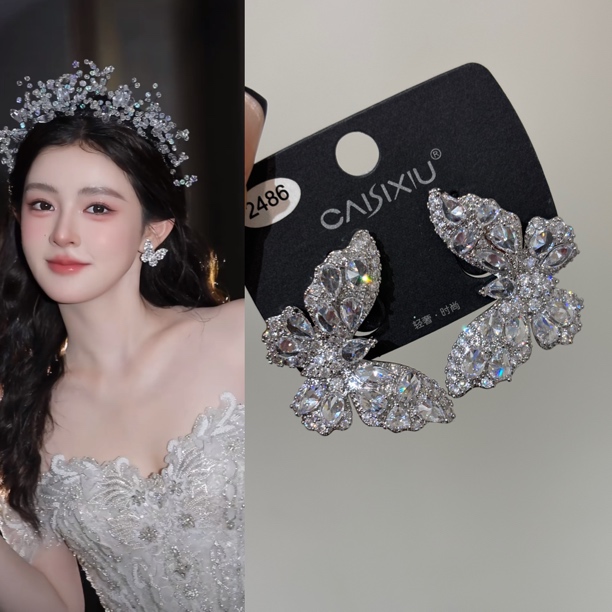 合金耳饰 2486莎莎婚嫁饰品新款蝴蝶耳夹无耳洞耳环气质百搭满钻