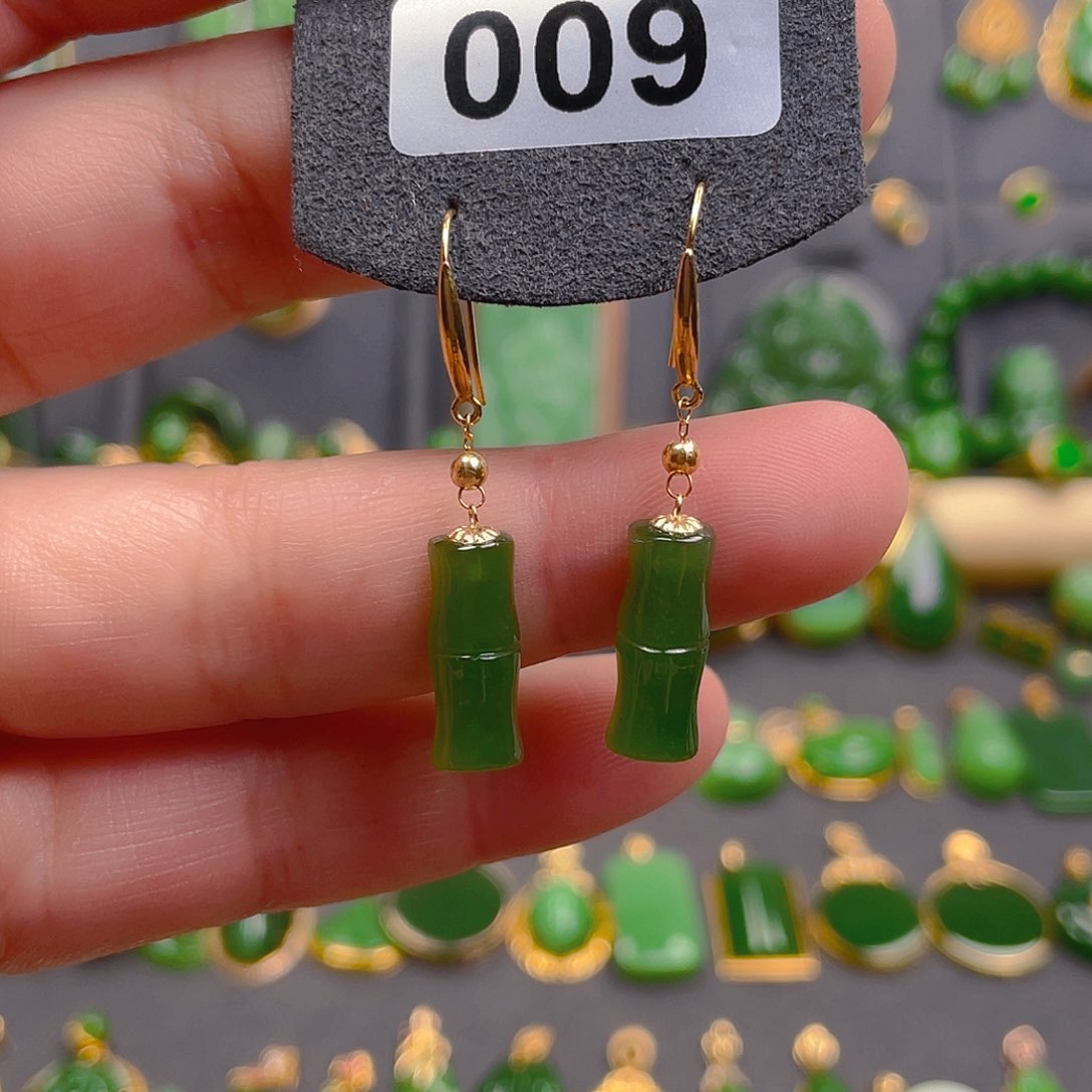 和田玉耳饰18K金镶嵌009