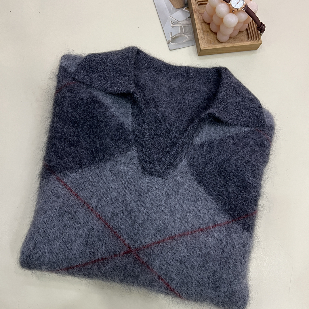 绒品 韩系拉绒剪刀翻领菱格提花长袖针织衫