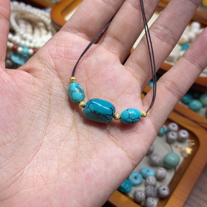 绿松石单珠未镶嵌定制手工编绳绿松锁骨珠