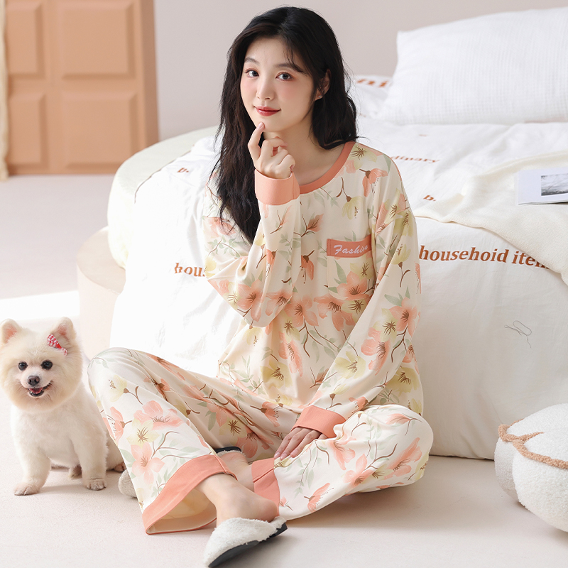 睡衣女春秋款长袖长裤圆领宽松大码可外穿秋季套头女士家居服套装