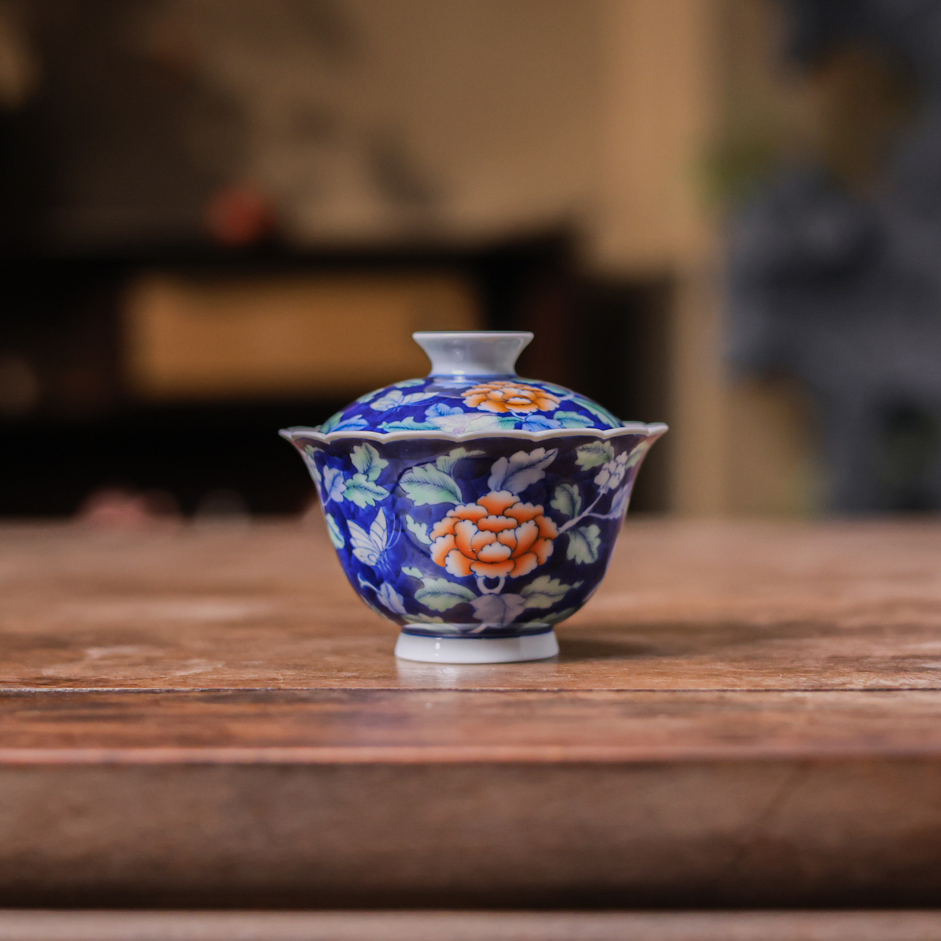 阿茶 蓝地牡丹盖碗160ml(画片、小花纹、颜色随机发）