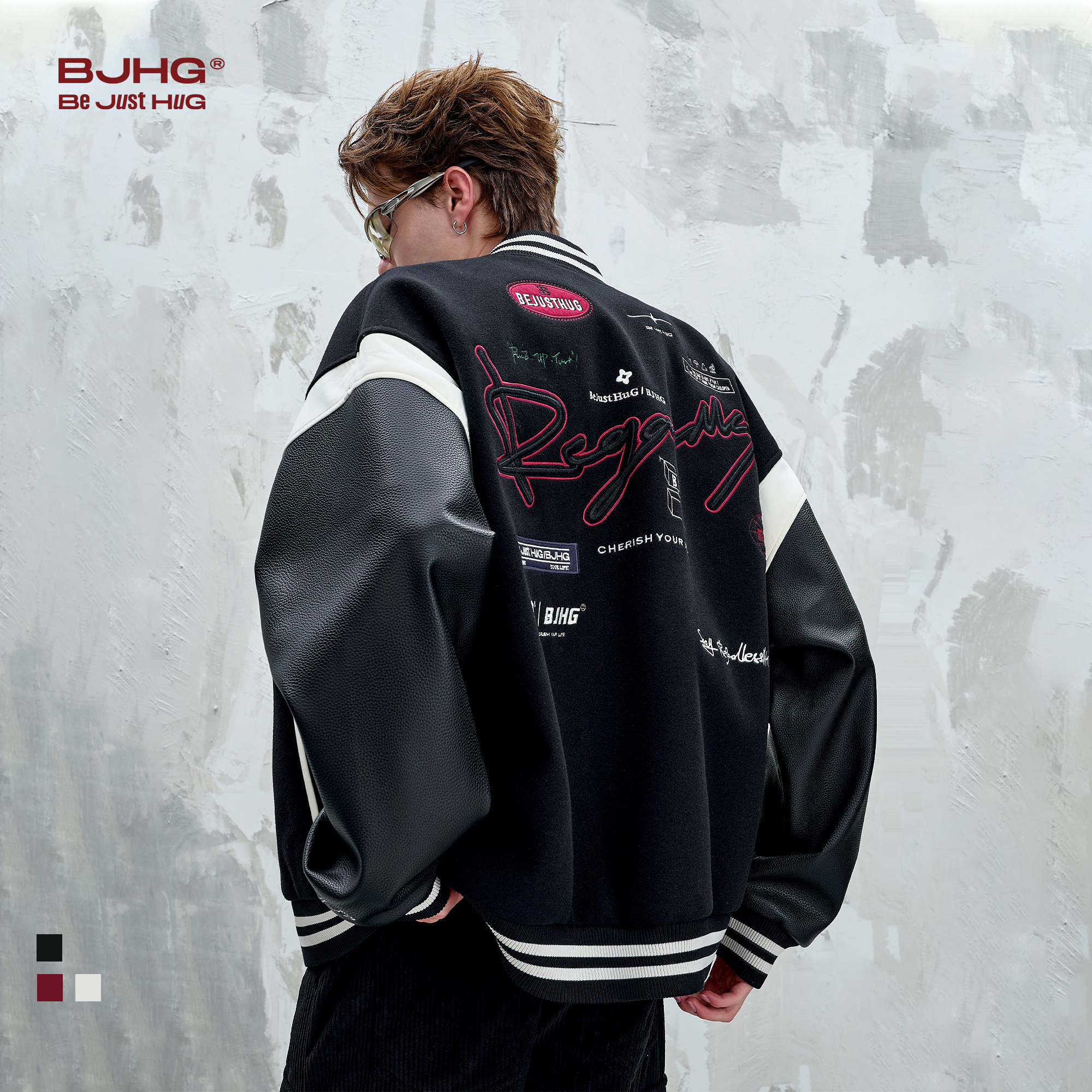 BJHG不计后果夹克外套男款秋季美式复古运动棒球服贴贴撞色皮衣女