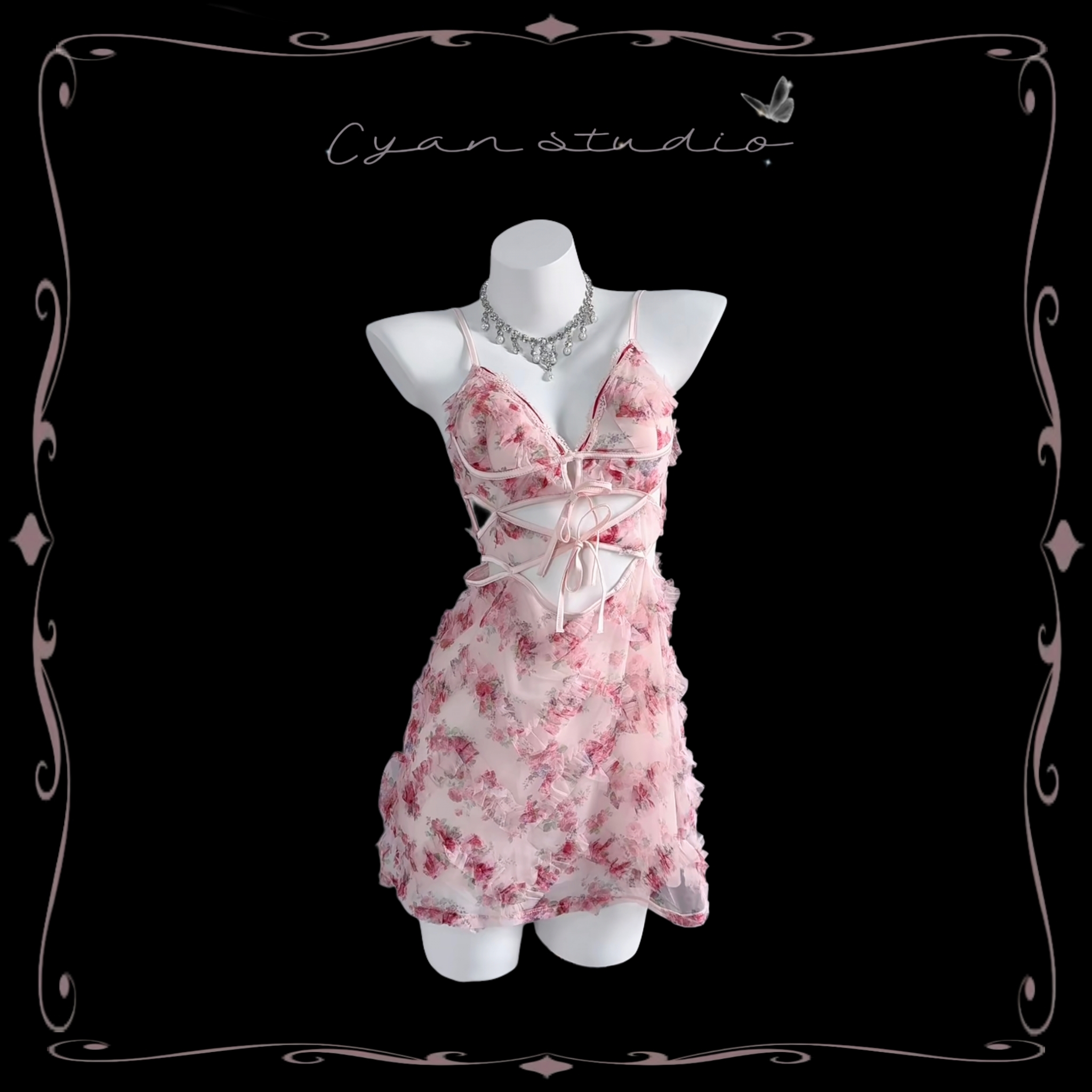 【七里香】高级感深V性感纯欲风浮雕花镂空蕾丝网纱带胸垫吊带睡裙