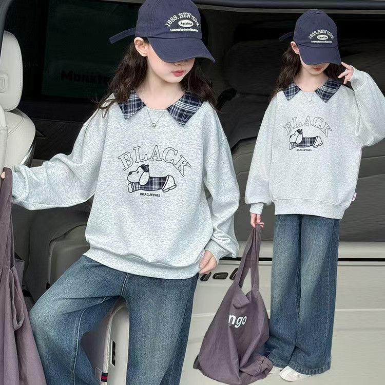 女童卫衣秋装2025新款洋气时髦女大童休闲上衣春秋款牛仔裤两件套