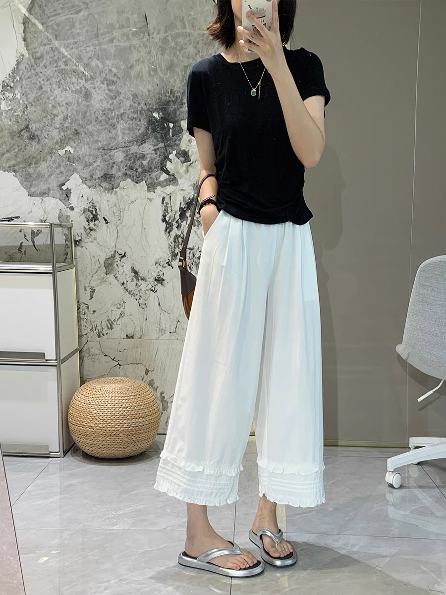 凉感花边神裤韩系棉质阔腿裤女夏季新款薄款九分直筒休闲裤