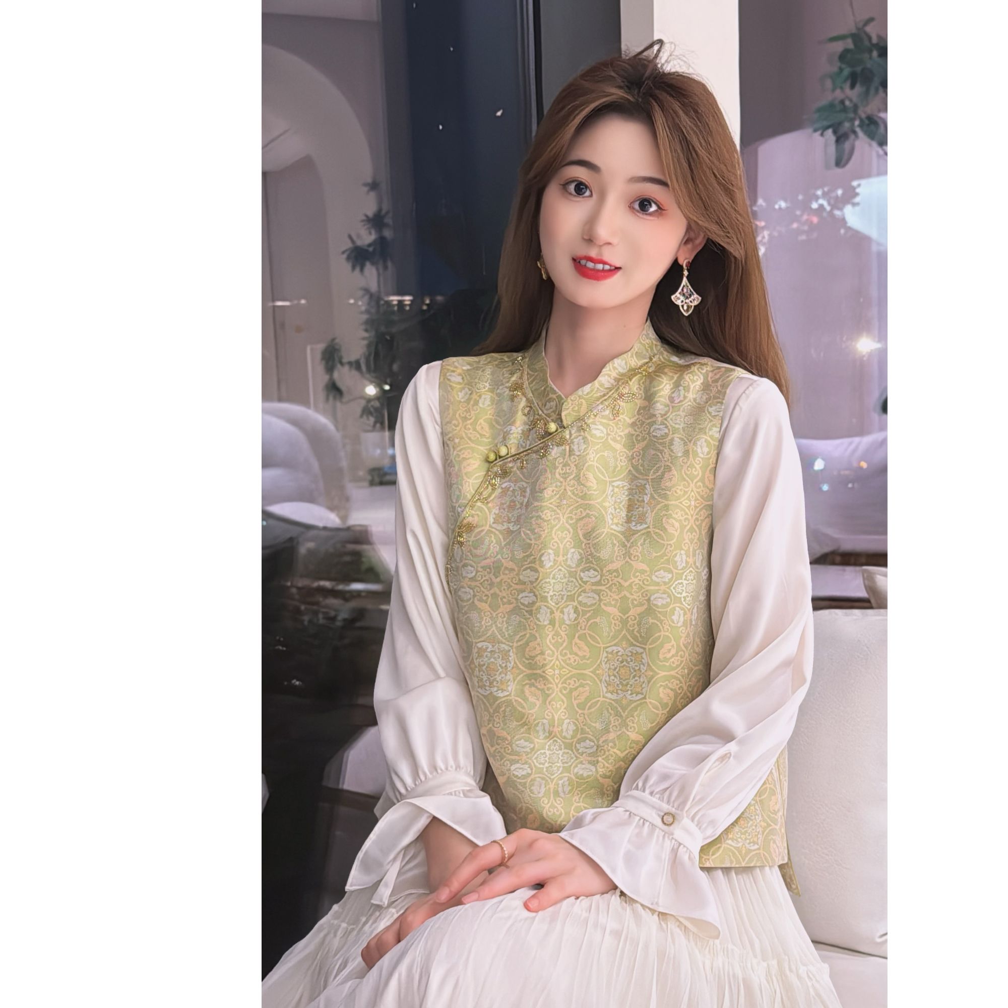【缠枝映翠】 桑蚕丝国风新中式百搭女士时尚缠枝多福绿色马甲25678