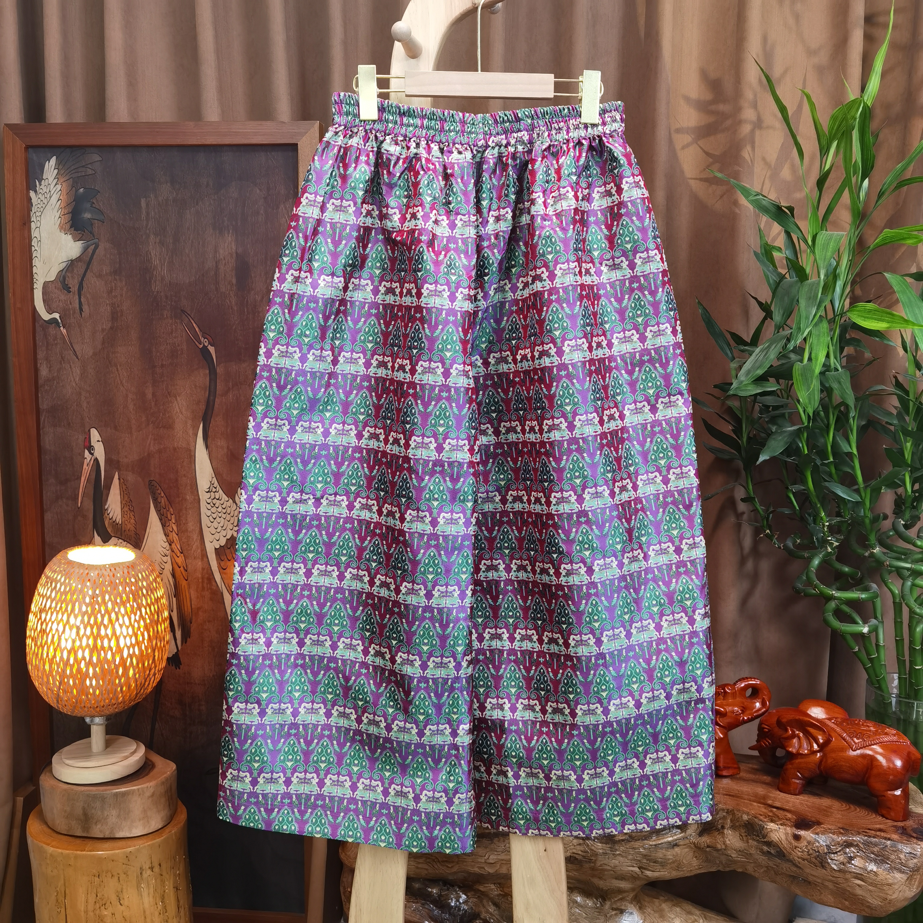 富美 · 国风【火树银花】蜀锦九儿裤F9123紫红色双面穿宽松复古百搭