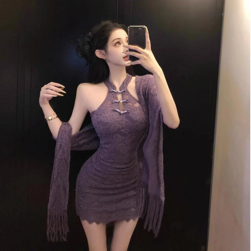 新中式盘扣漏肩连衣裙外搭披肩女新款修身显瘦辣妹包臀裙套装夏季