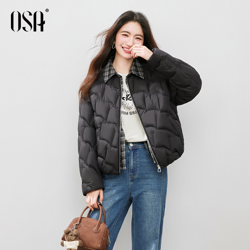 OSA/欧莎 撞色翻领菱格女轻盈保暖90%白鸭绒外套S125D20005