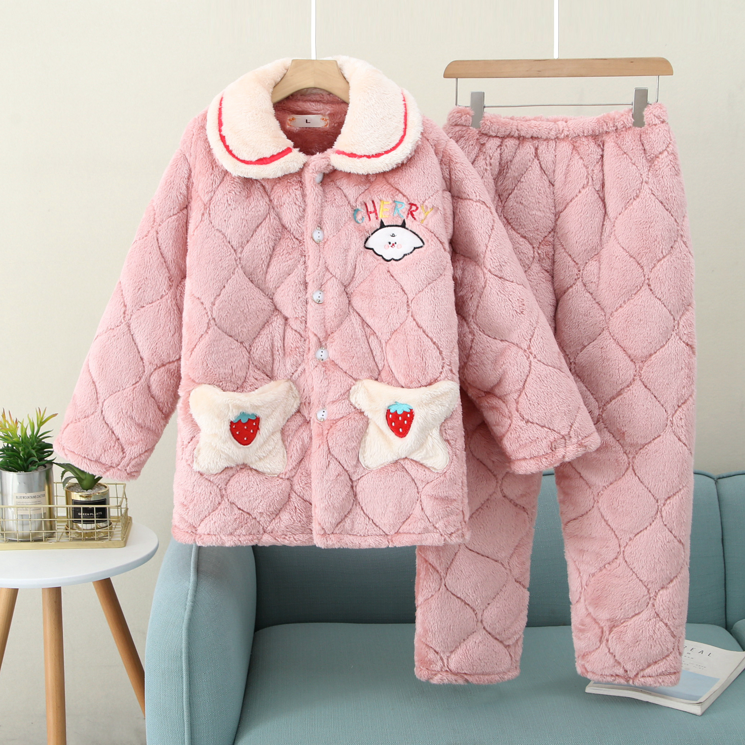 【清仓处理款】冬季三层夹棉拉链加绒加厚女睡衣家居服套装
