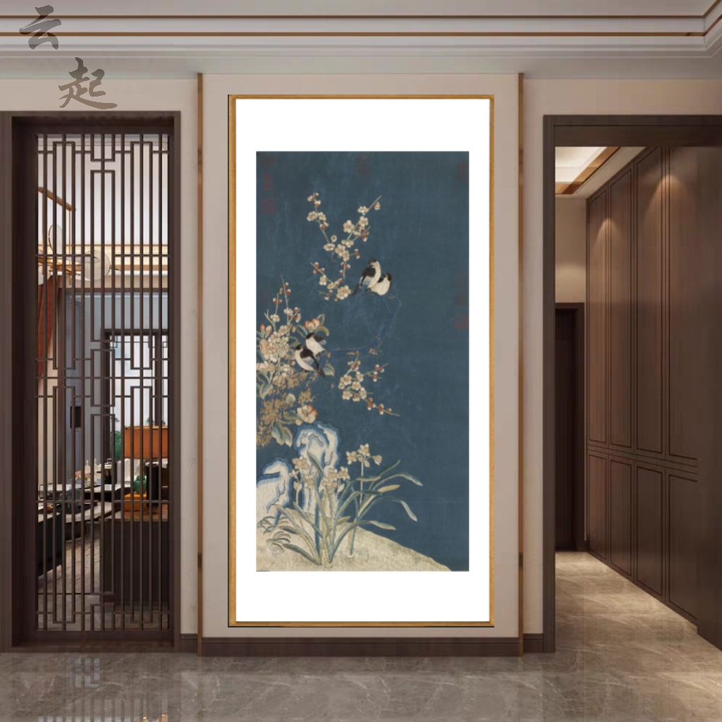 新中式宋式缂丝喜上眉梢花鸟画实木框玄关书房茶室客厅装饰画