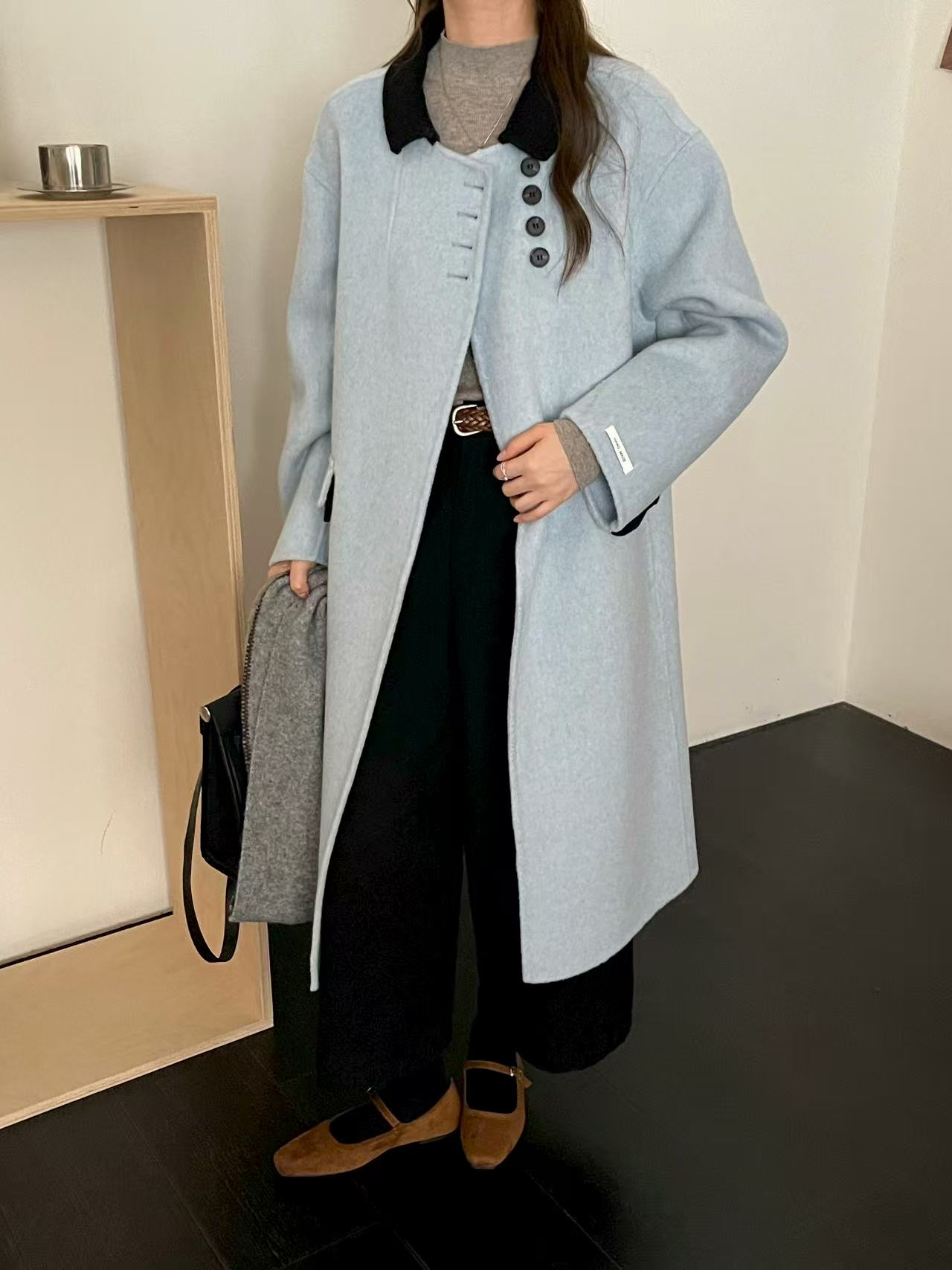 长款秋冬女直下摆毛呢外套拼接领撞色大衣25款秋季新品