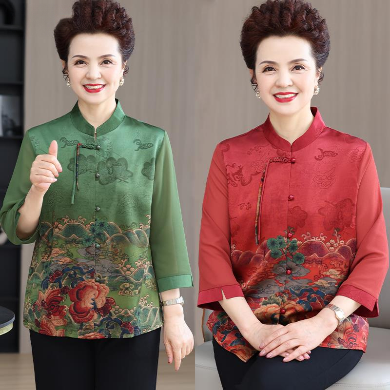 奶奶装夏季衬衫中老年人女装新中式国风妈妈洋派老太太上衣服套装