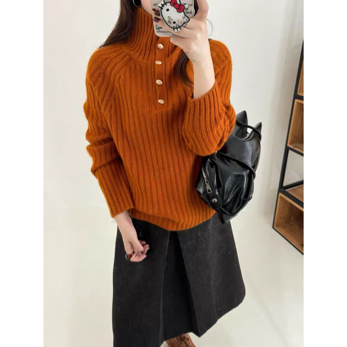 YYZZ 25220冬韩版立领可翻半系扣羊毛针织衫女慵懒风宽松百搭毛衣