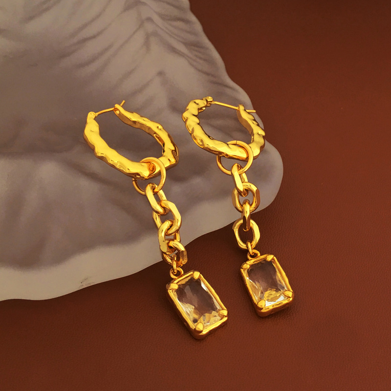 铜合金仿水晶耳饰 铜合金简约时尚气质长款方糖百搭小众金色耳圈