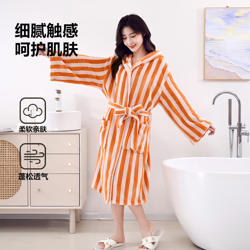 斜月三星宽条戴帽可穿浴袍成人吸水速干浴裙洗澡家用可裹浴衣