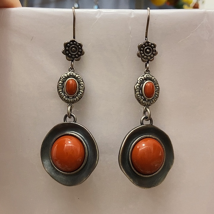 无***谓南红玛瑙银S925镶嵌耳饰大耳吊