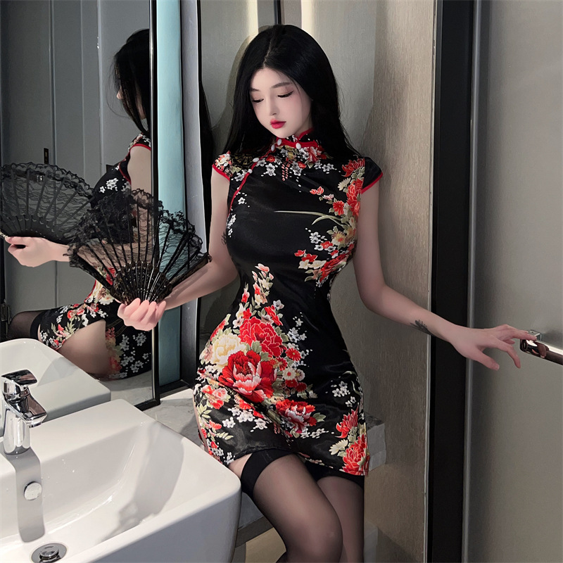 新款复古性感黑色睡衣睡裙旗袍修身印花短款大码国潮显瘦纯欲风