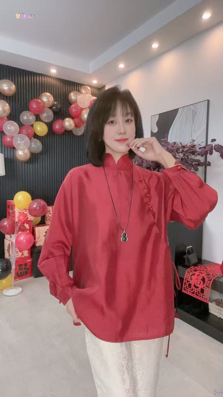 红锦立领衫 炫云裳复古酒红宽松衬衫 中式盘扣灯笼袖上衣