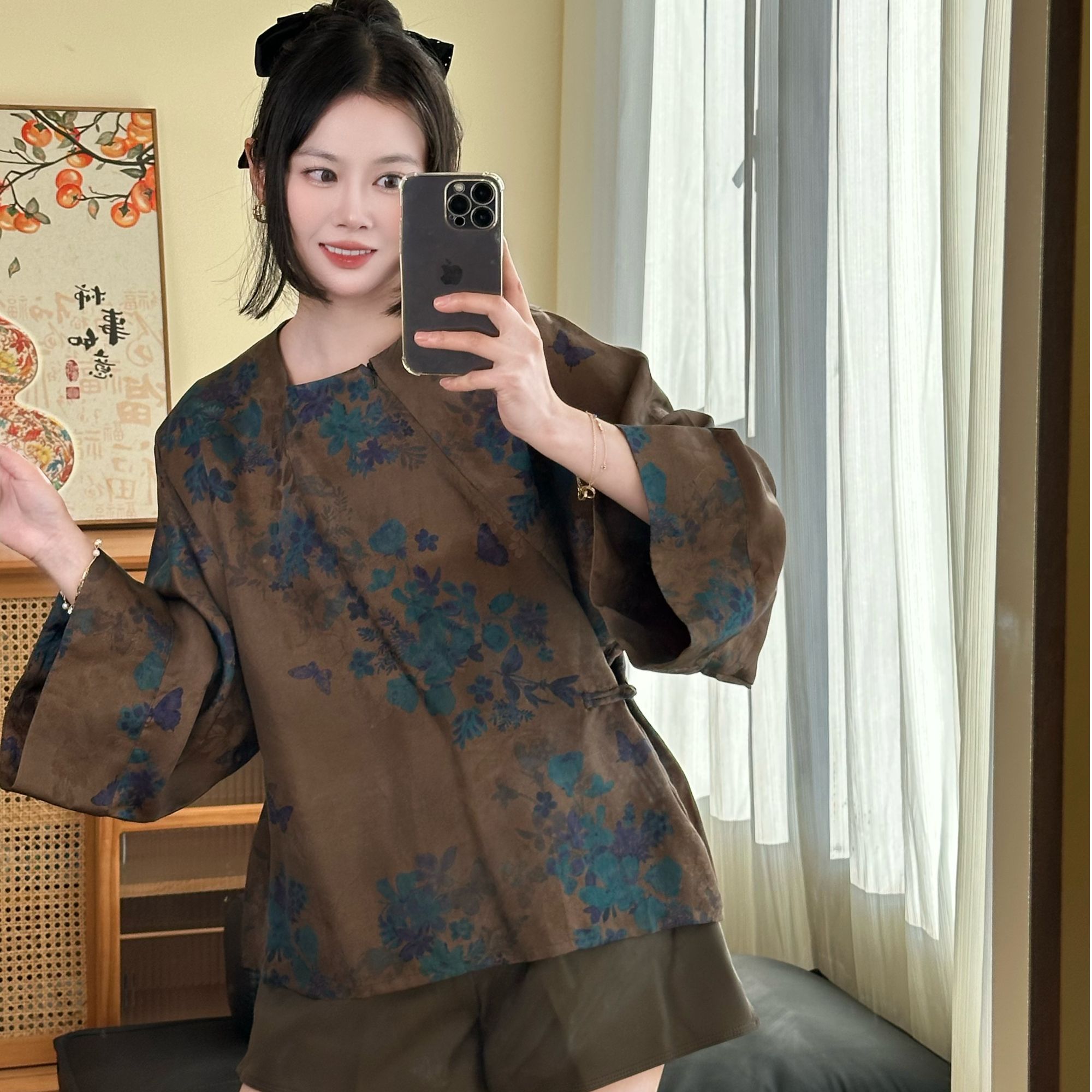 100桑蚕丝极简收腰美拉德蓝花蝴蝶香云纱大甩袖国风中式穿搭