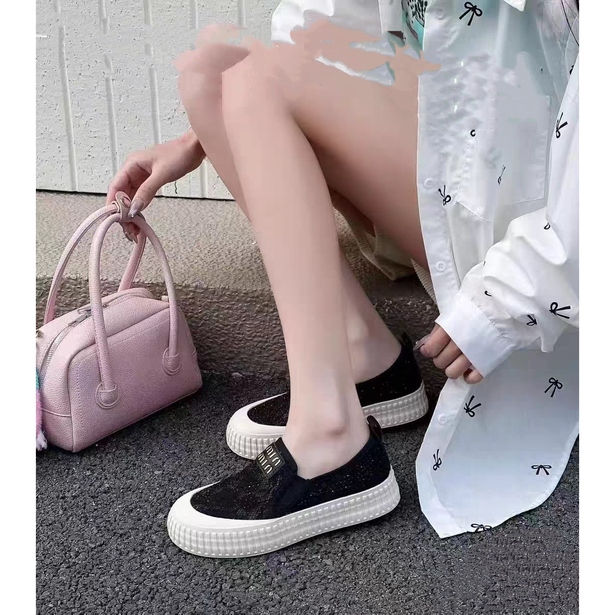 C6583  黑色  小香风复古平底渔夫鞋2025休闲一脚蹬单鞋