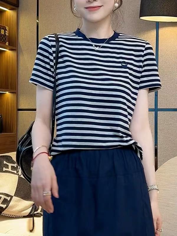 宽松条纹圆领常规款短袖百搭T恤夏季时尚韩版显瘦气质夏装