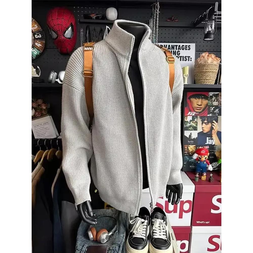 灰色双拉链开衫毛衣男秋冬慵懒风针织打底衫美式复古加厚立领外套