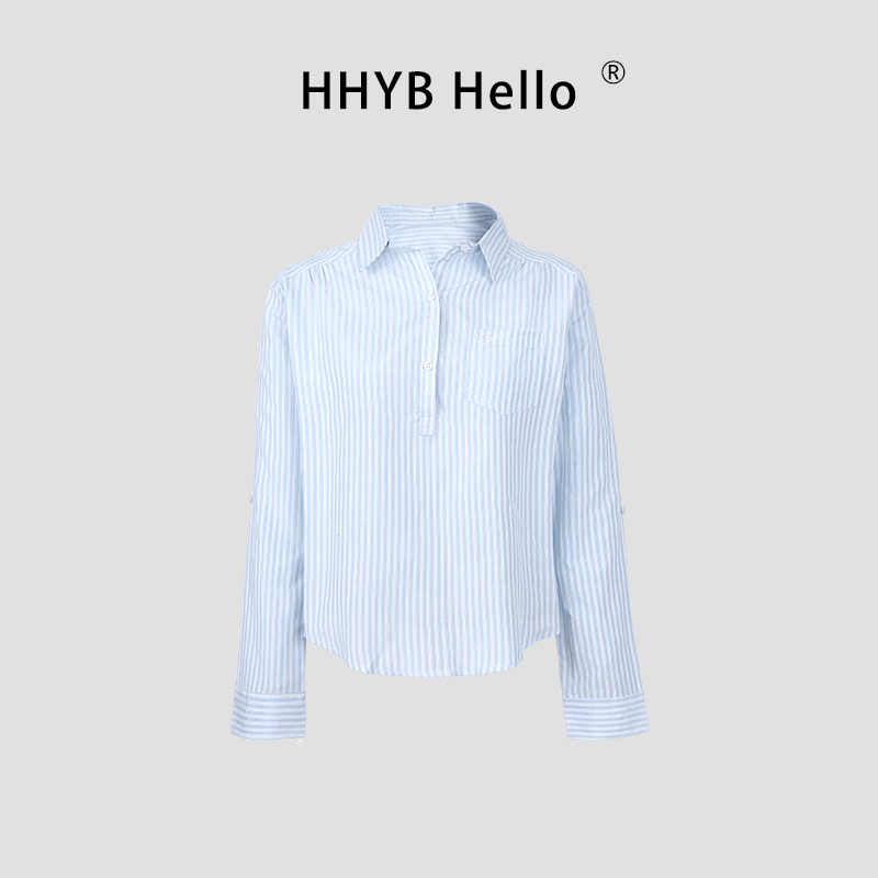 HHYB Hello2025夏季新款条纹口袋设计休闲时尚百搭长袖衬衫252053