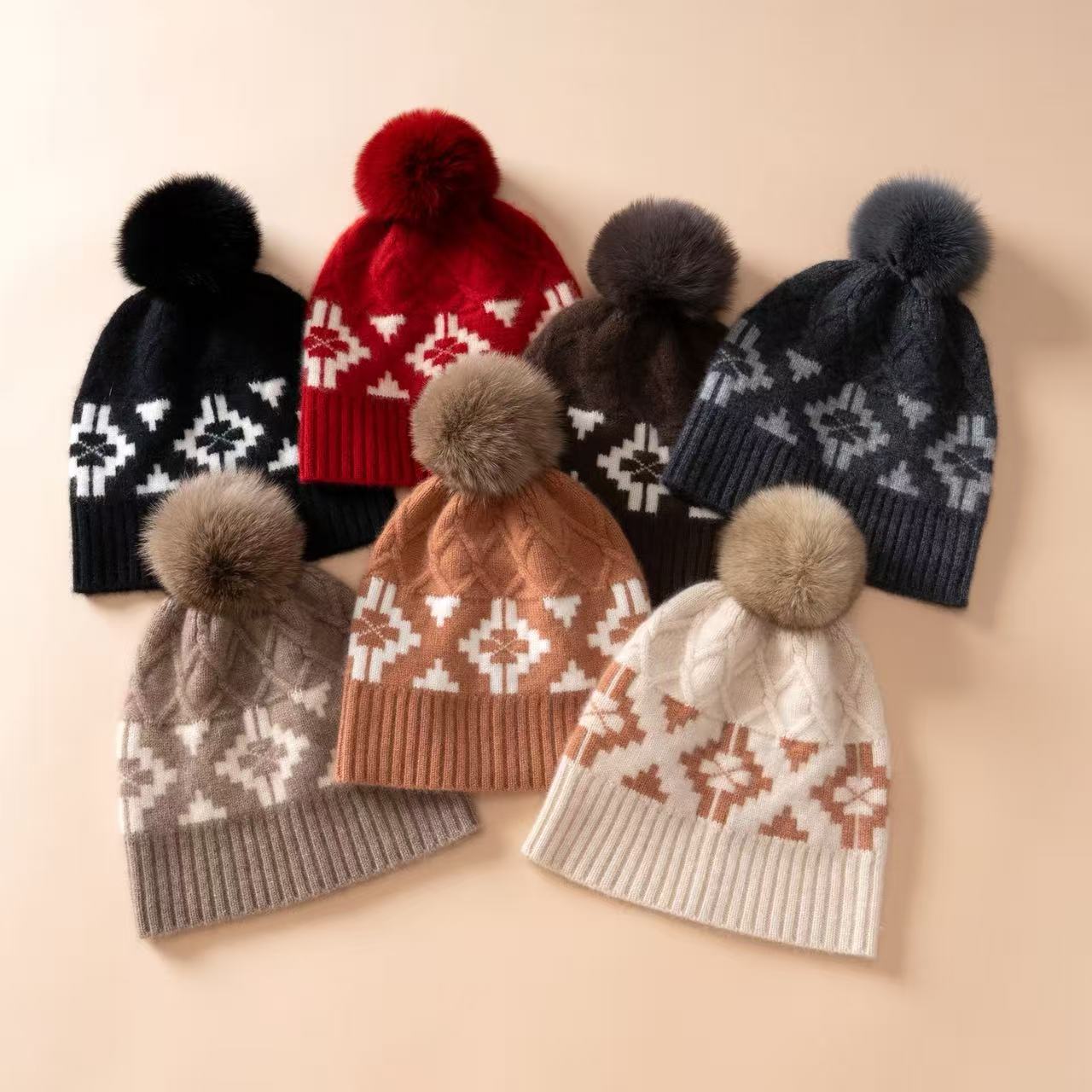 秋冬100%纯山羊绒帽子男保暖毛球帽女时髦提花羊绒线帽加厚护耳帽