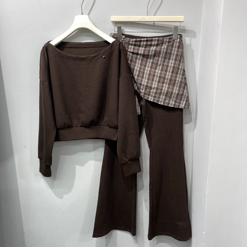 新款一字领卫衣+拼格子屁帘裙裤长裤套装