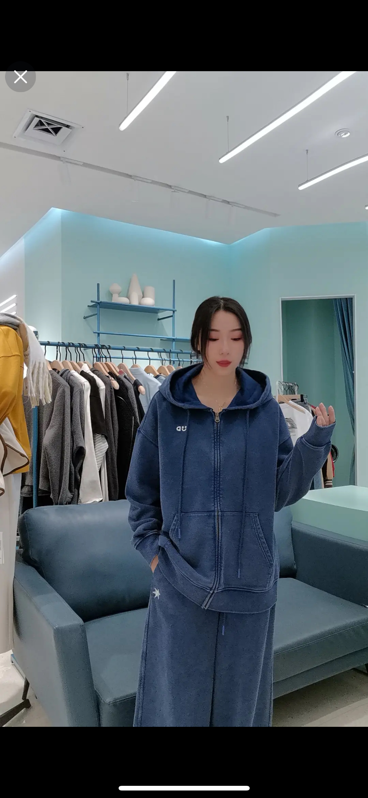 烟蓝色松紧腰直筒长裤