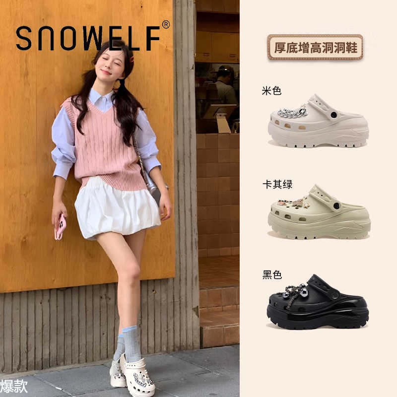 光轮厚底洞洞鞋女款2025新款夏季增高凉鞋外穿防滑沙滩包头半拖鞋