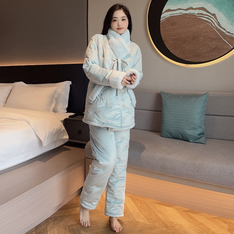 庆同三层夹棉加厚保暖女睡衣家居服套装家居服长袖休闲套装时尚