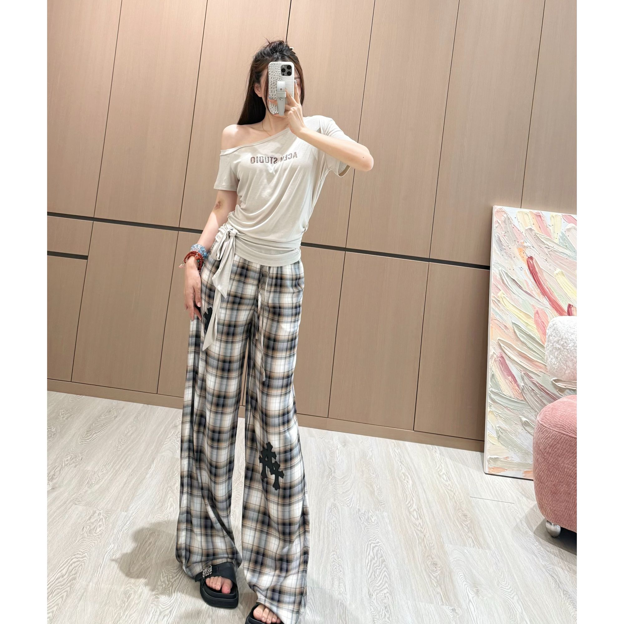 【SEVENWANG】时髦小众 宽松休闲格纹 贴皮休闲裤k2185