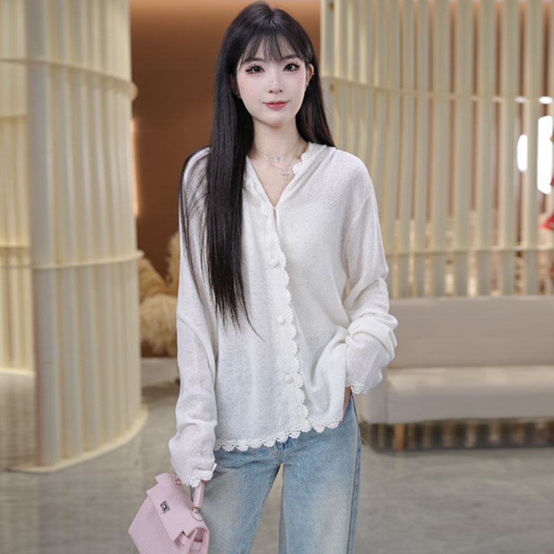 【手工编织】重工花边款温柔风针织开衫羊毛软糯防晒帽衫250068-1