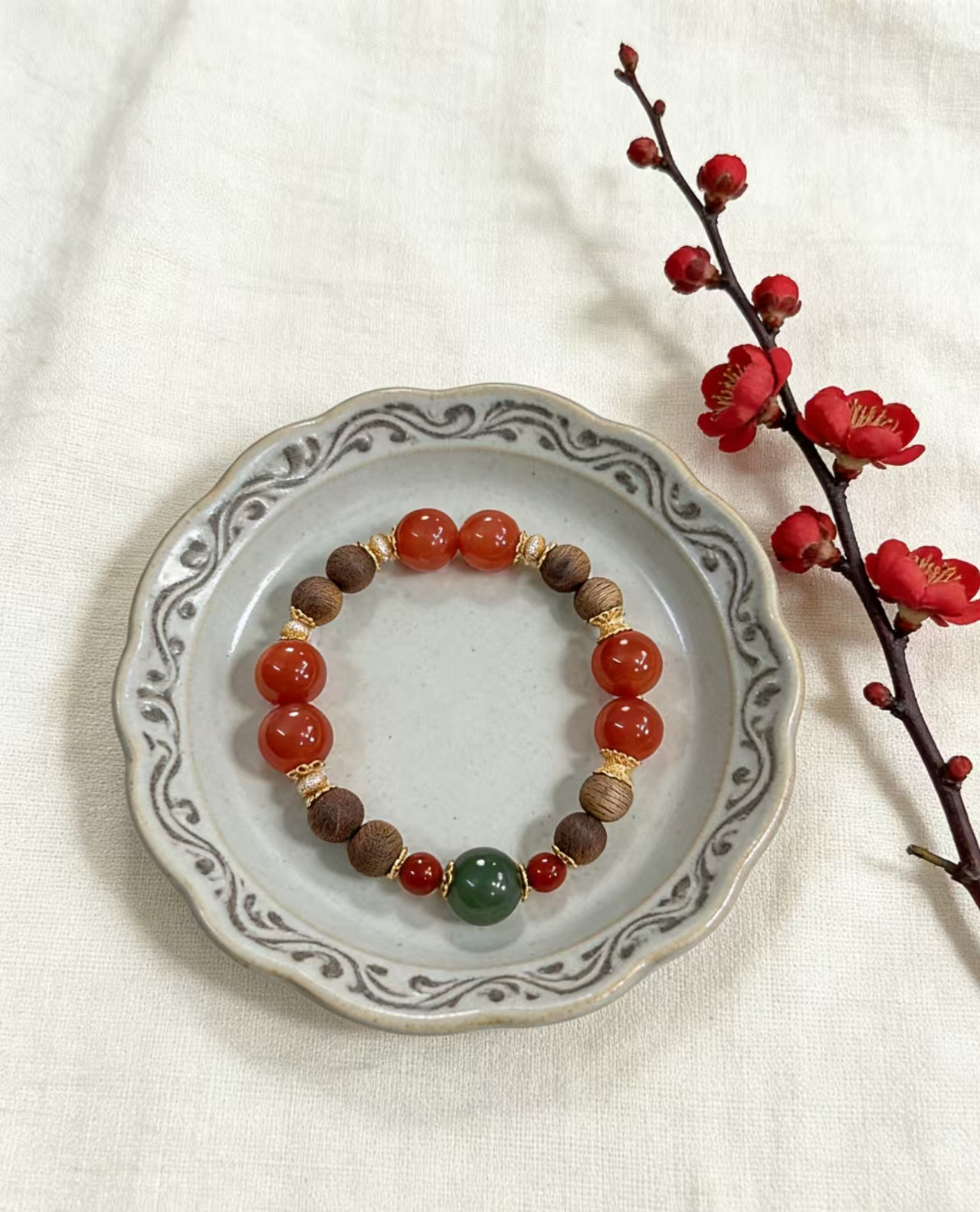 《翠凝祥》赤玉初心天然无忧化南红玛瑙+沉香+和田玉手串