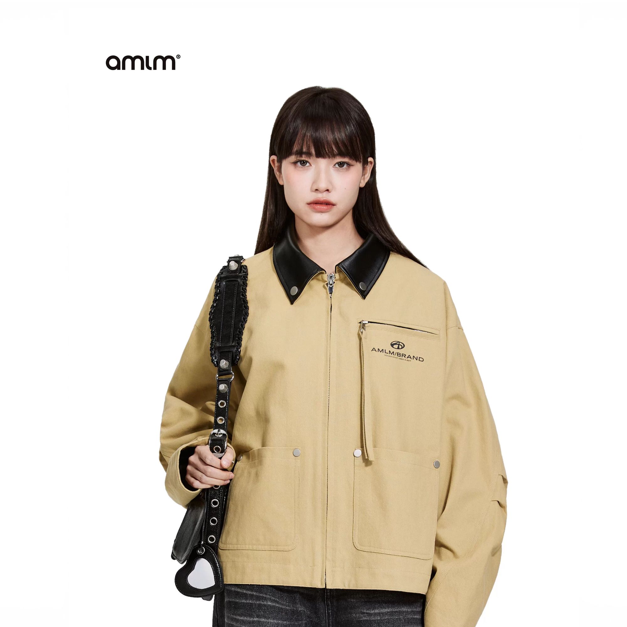 AMLM 巴恩风短款皮领工装街头男夹克春季新款美式复古情侣上衣女