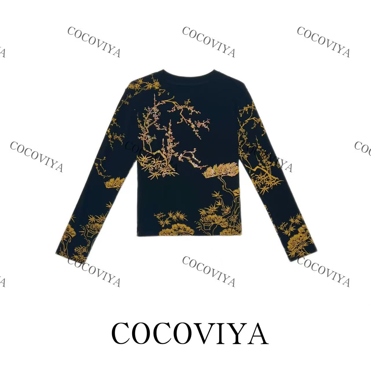 【CC】COCOVIYA岁寒三友金绣国风长袖T恤遮肉显瘦休闲上衣26C-317
