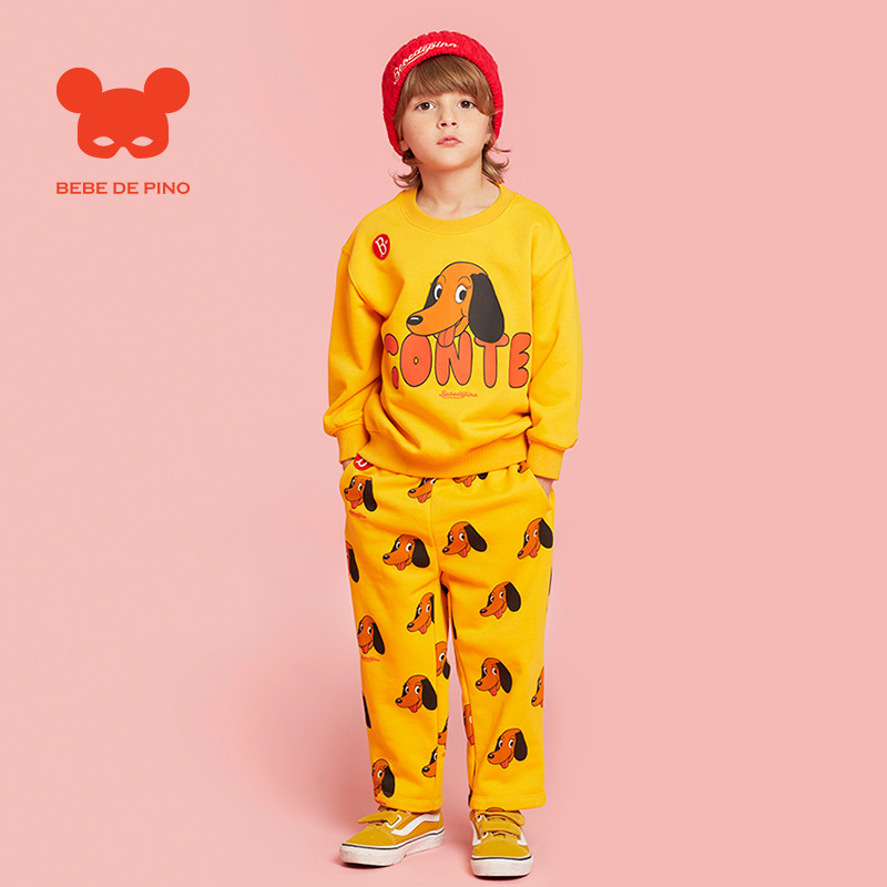 贝贝品诺春秋款儿童卡通小狗印花宽松休闲运动裤黄色童裤