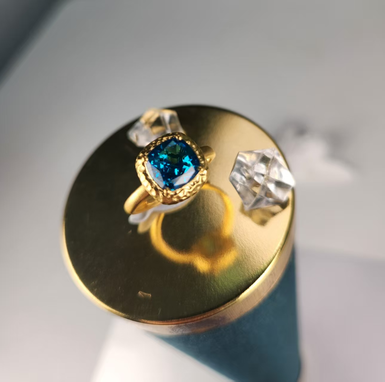 足金999黄金戒指 古法活口可调节海蓝方糖 简约