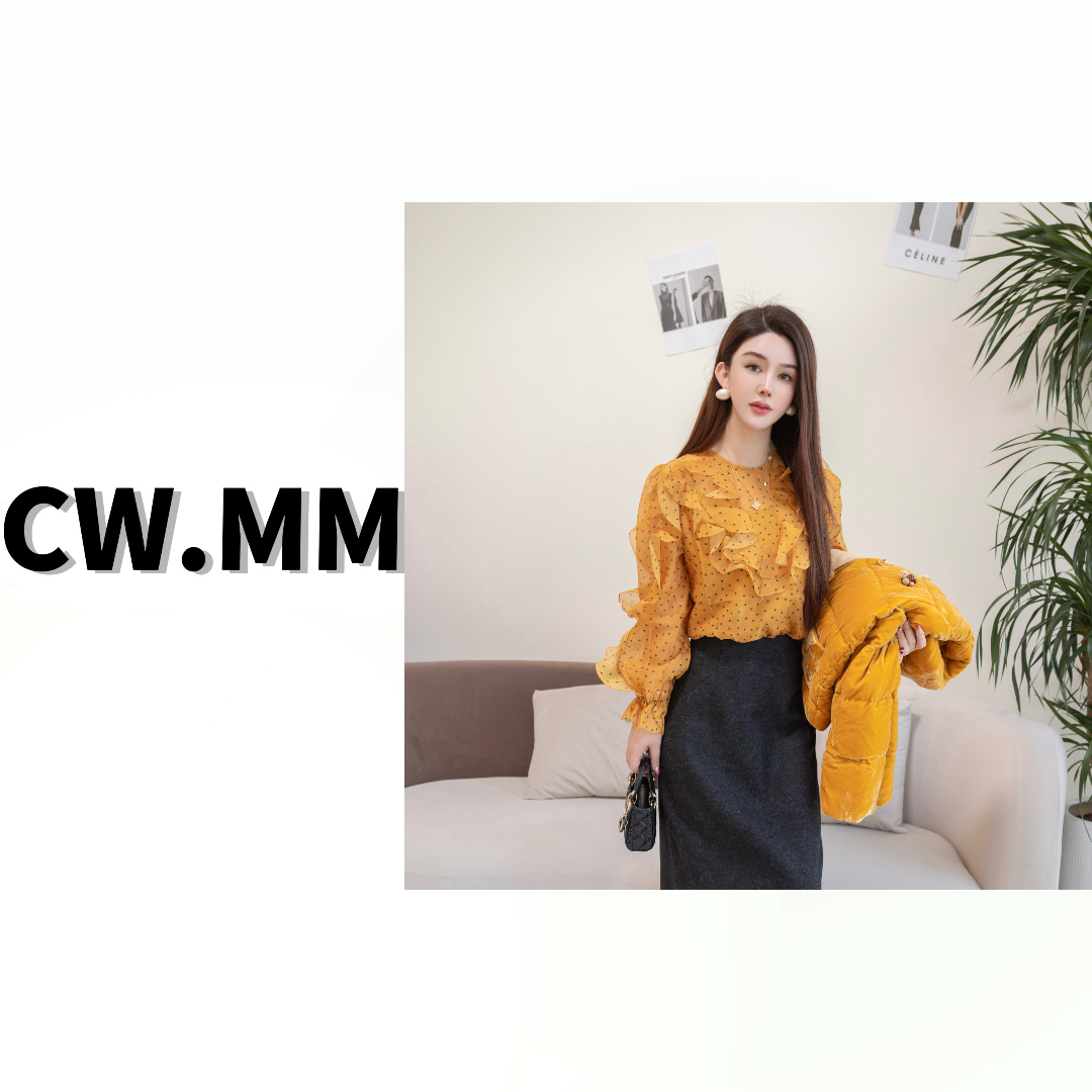 CW.MM 气质圆领拼接荷叶设计感波点上衣