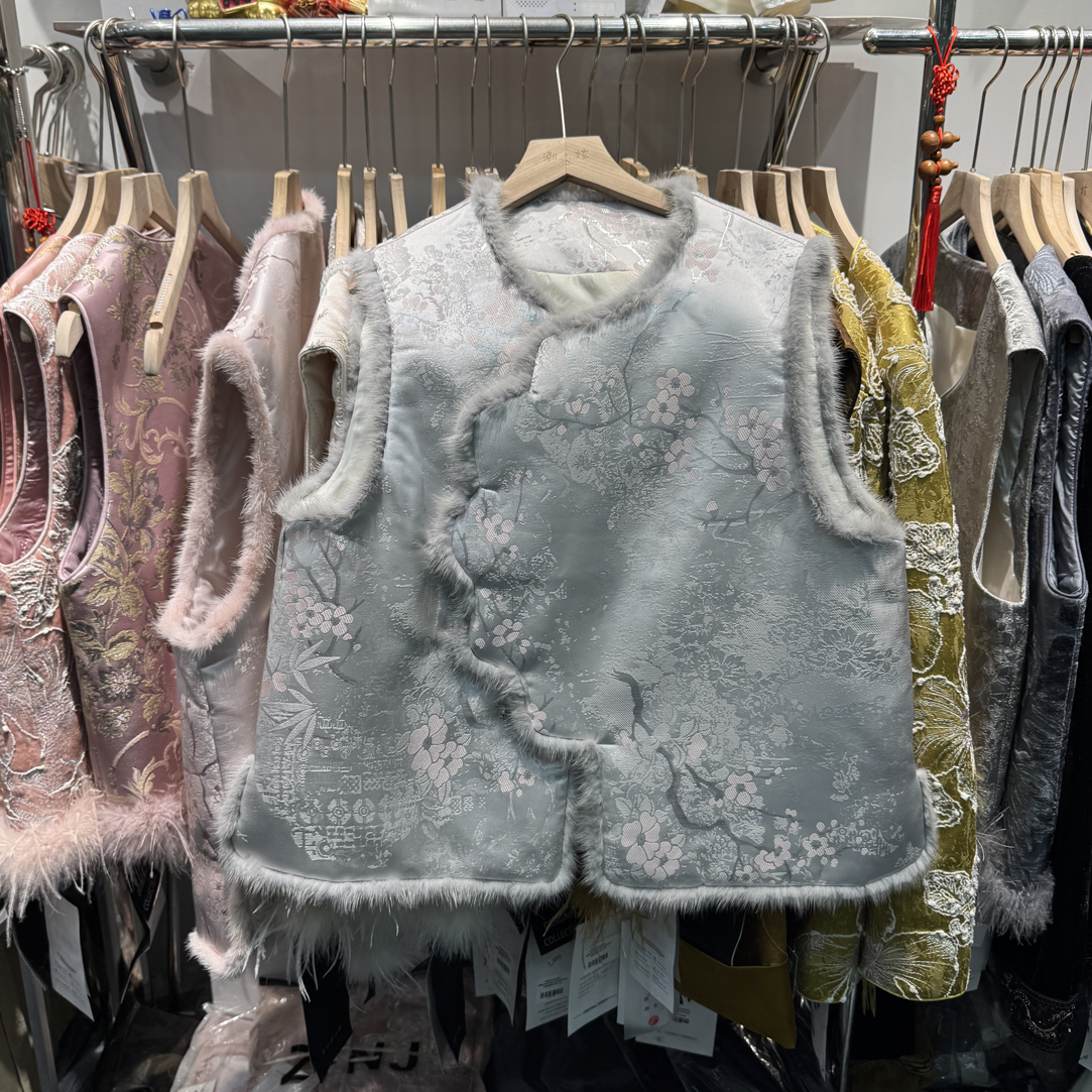 新中式提花斜襟水貂毛马甲