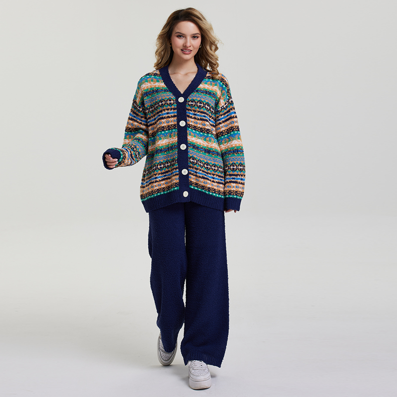 复古民族风家居服套装睡衣保暖深蓝撞色女秋冬季可外穿费尔岛毛衣