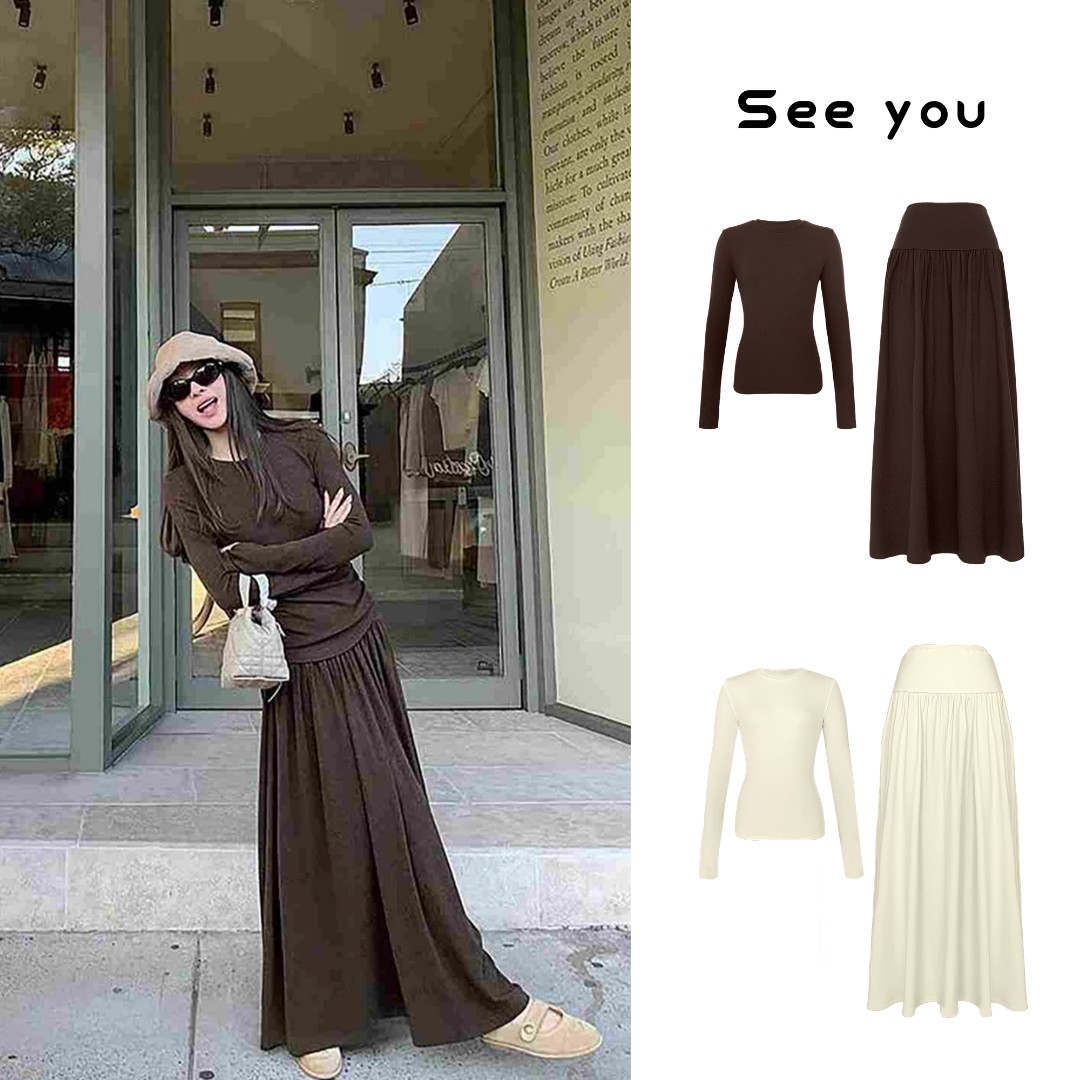 秋冬季新款长袖修身显瘦磨毛T恤+加厚半身裙伞裙两件套女 X1851