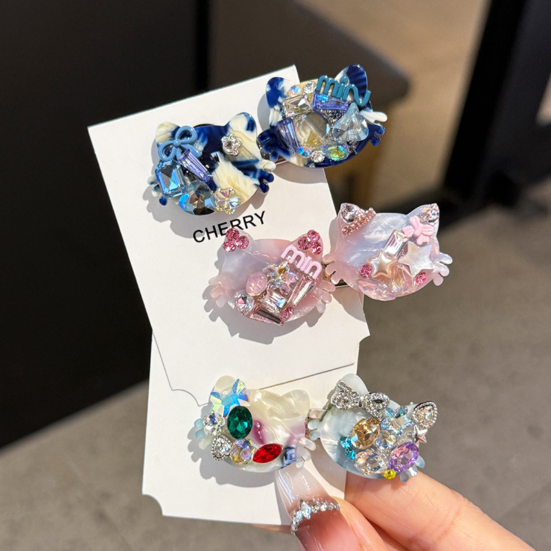 韩版精致卡通醋酸水钻猫咪发夹韩版甜美鸭嘴夹侧边夹刘海夹