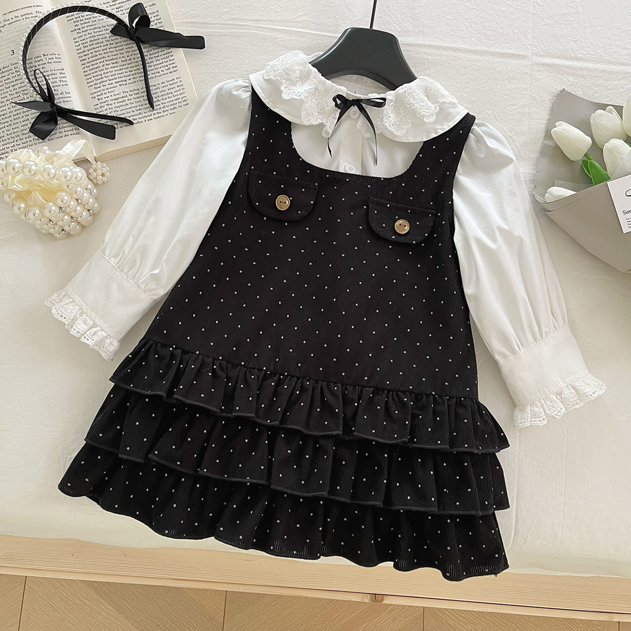 2025女童新款春秋时尚韩版娃娃领满天星洋气女宝套装两件套C17027