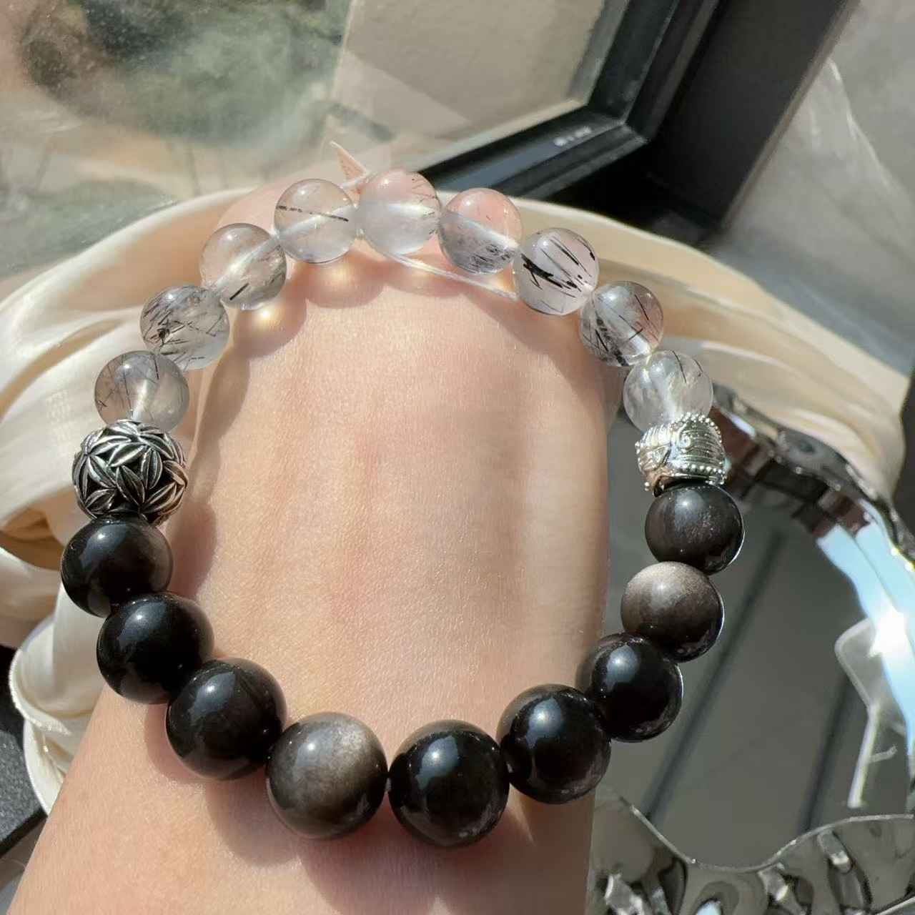 ｛腾娇阁｝原创 黑曜石搭黑发晶天然水晶手串女小众高级感守护情侣
